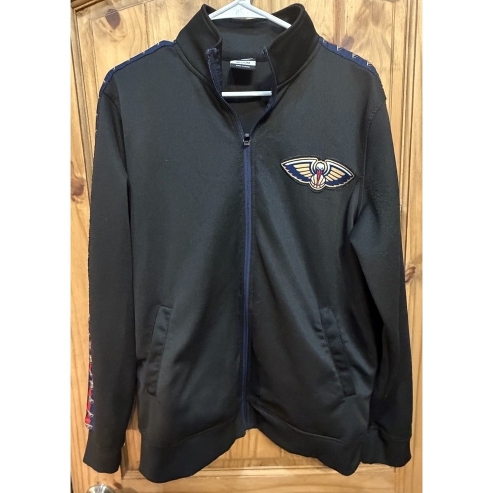 New Orleans Pelicans Ultra Game NBA Track Jacket Mens M Black Full Zip Logo Tape
